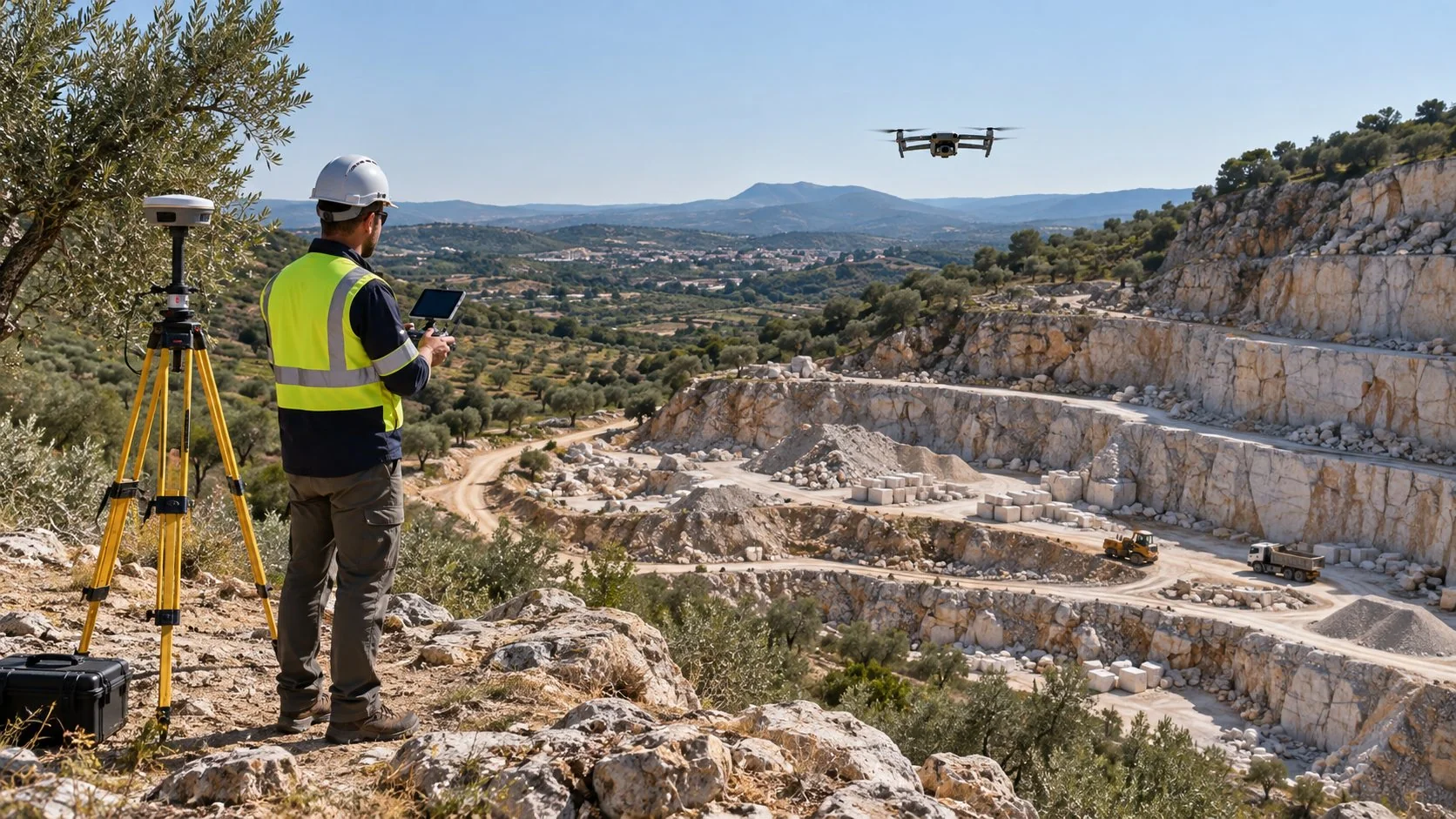 Drone a recolher fotografias sobre uma área de terreno.